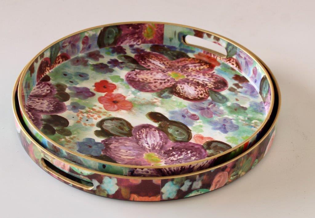 Set Of 2 Round Floral Trays
